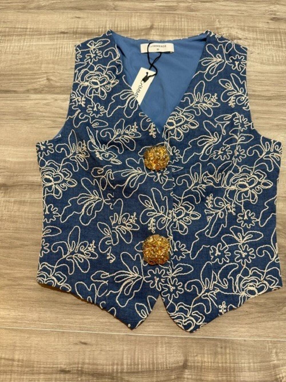 NWT Commense Women's Embroidery Textured Gold Button Vest - Size XS